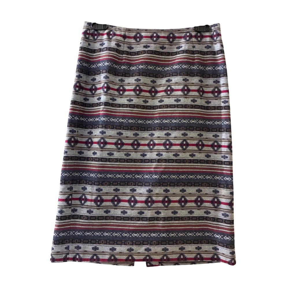 Garnet Hill Womens 00 Cotton Pencil Skirt Lined Gray Red Southwestern Geometric